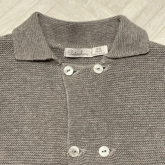 Patachou Gray Knit double button sweater with plaid detailing, 18mo - Picture 2 of 8